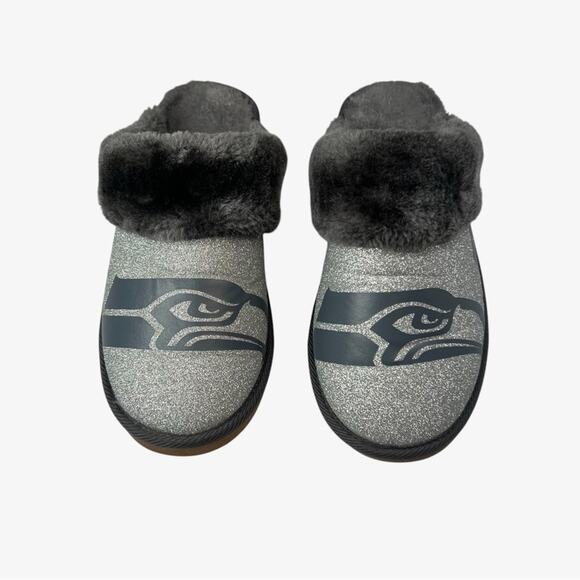 Foco Womens L Seattle Seahawks Glitter Moccasin Slipper Open Back Faux Fur Fuzzy - Picture 6 of 11